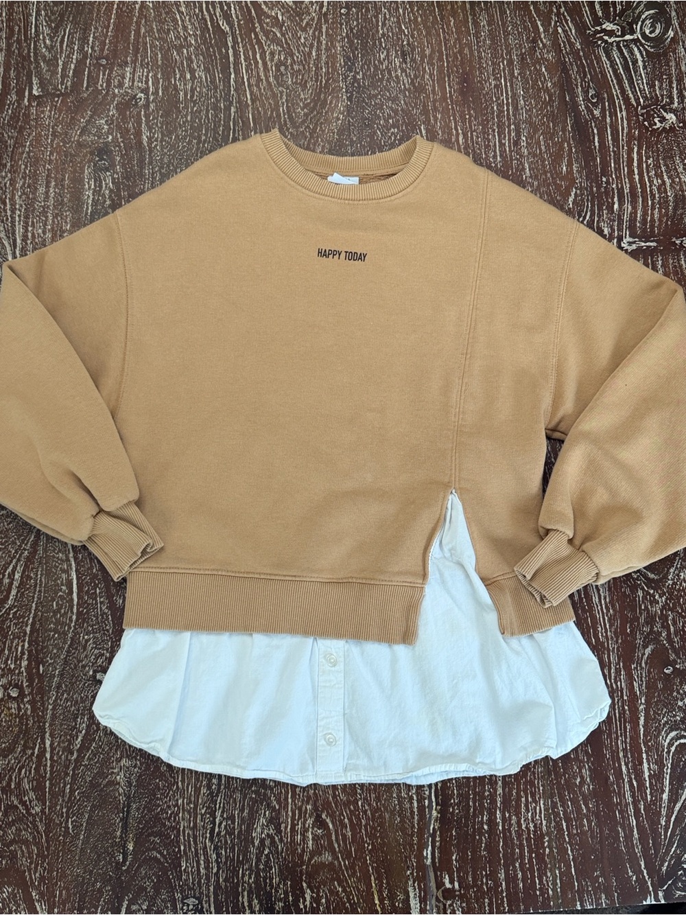 Zara Tan Sweatshirt with Attached White Shirt Hem